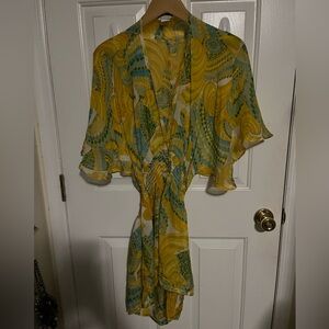 Trina Turk 100% silk smocked waist cape top